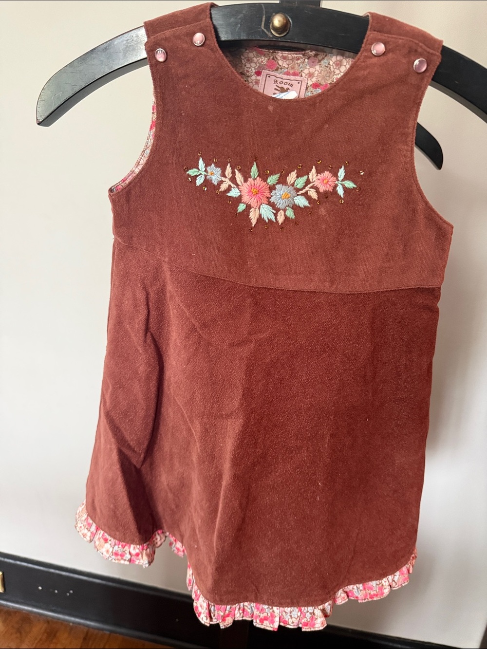 Girls' Rust Corduroy Floral Embroidered Pinafore Dress